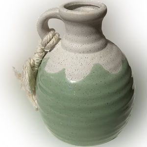 💥New Stoneware Vase Pitcher Jug Green Glazed Rope Handle 6” T x 5” D